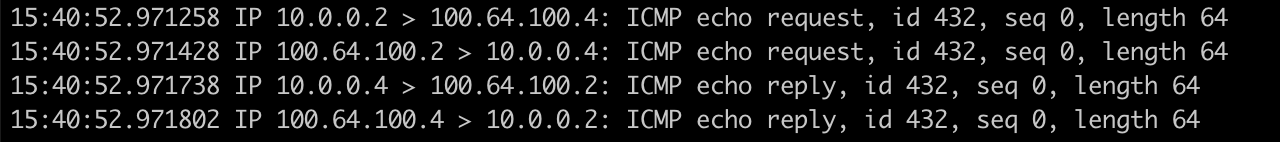 tcpdump-Mitschnitt, der den auf das Overlay übersetzten Ping durch Access Gate zeigt
