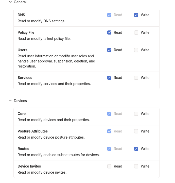 Tailscale OAuth client permissions