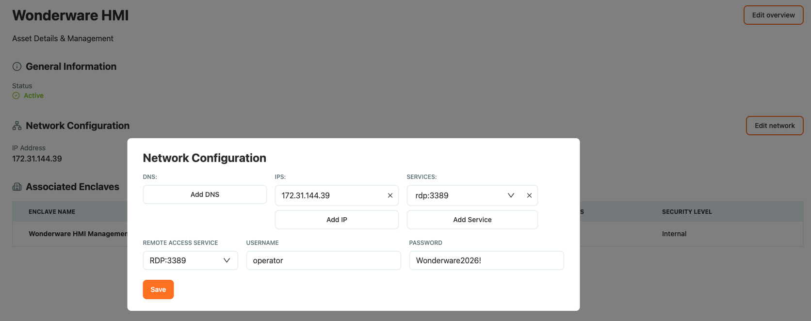 Asset details for the RDP connection Asset details for the RDP connection