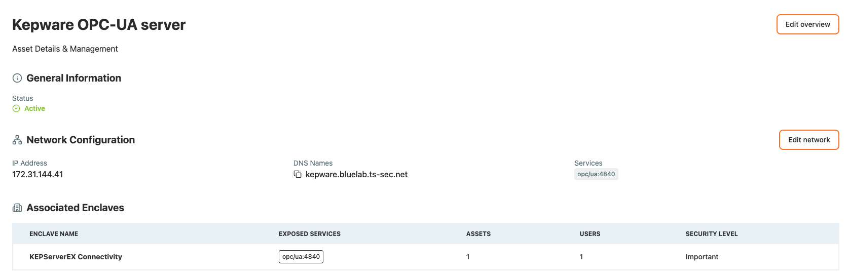 KEPServerEX enregistré comme actif OPC UA dans Access Gate