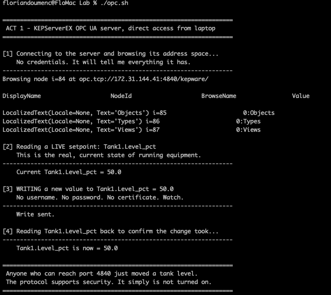 Serveur OPC UA sur l'underlay sans protection