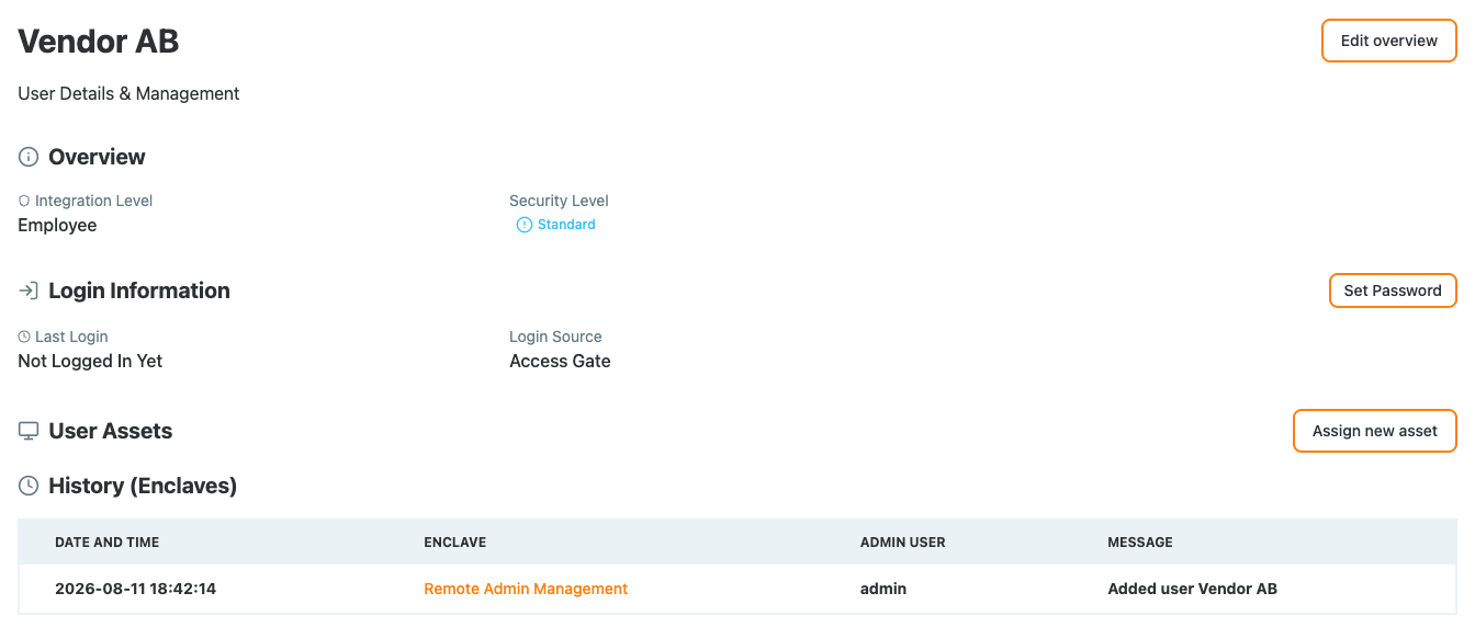 The vendor user record, with login source Access Gate and a Set Password action The vendor user record, with login source Access Gate and a Set Password action