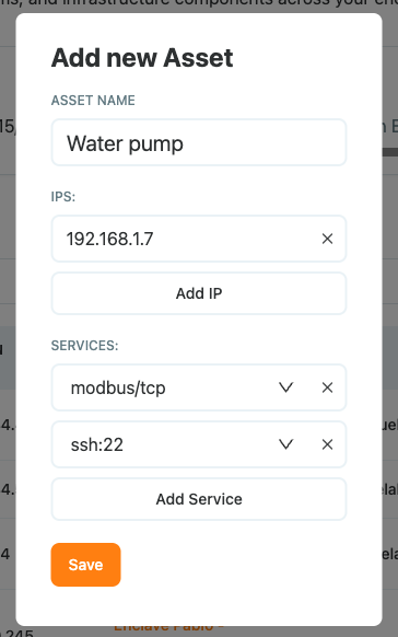 Adding a new asset with its name, IP, and services Adding a new asset with its name, IP, and services