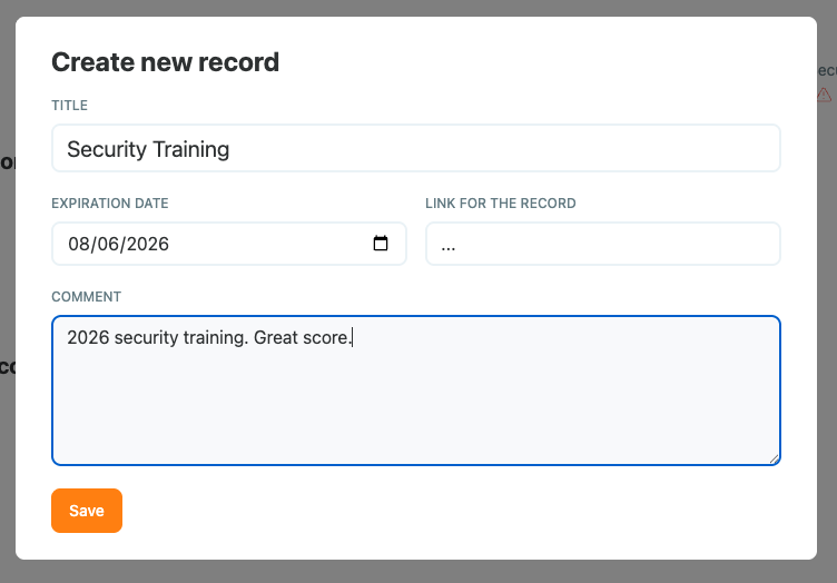 Creating a conformity record with title, expiration date, link, and comment