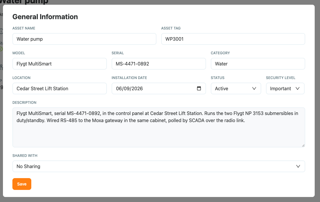 Editing the asset overview with tag, model, serial, location, and security level Editing the asset overview with tag, model, serial, location, and security level