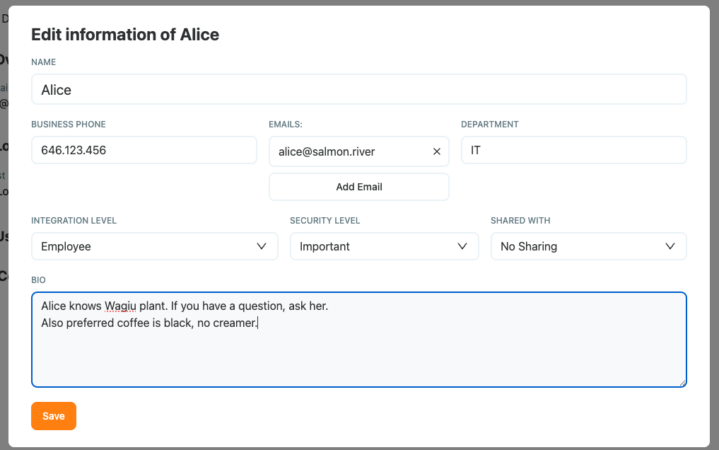 Editing a user with phone, email, department, integration level, and security level