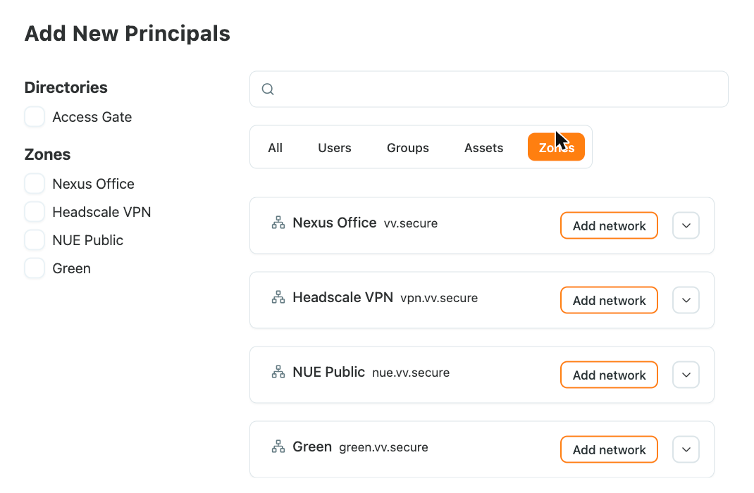 Add New Principals: usuarios, grupos, activos y zonas en una sola búsqueda Add New Principals, con zonas completas